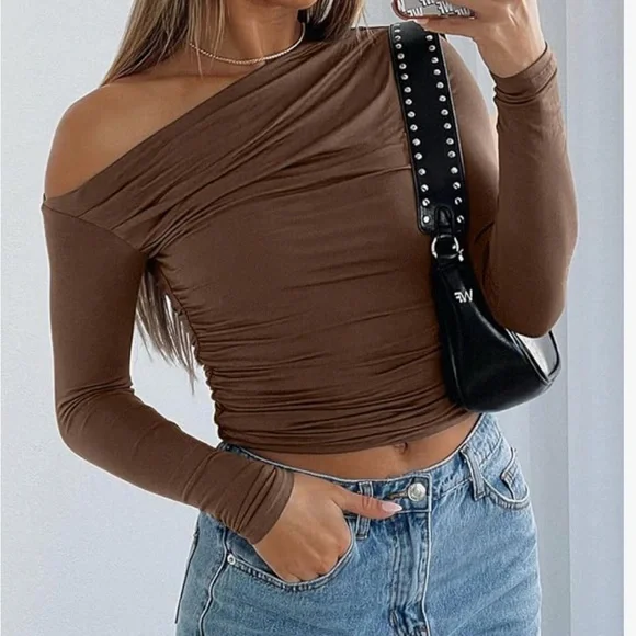 Brown Off the Shoulder Ruched Tee - Picture 1 of 3
